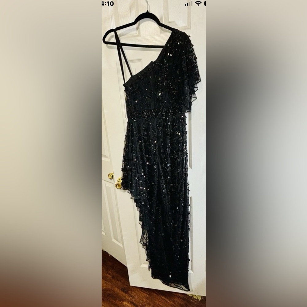 NWT MAC DUGGAL SZ 6 Black Sequined Beaded One Shoulder Evening Gown #93687 - Picture 5 of 11
